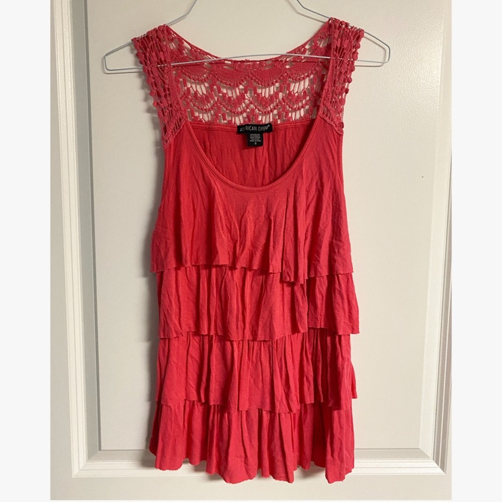 American Dream Ruffle Layered Pink Tank Top w/ Crotchet Back Detailing